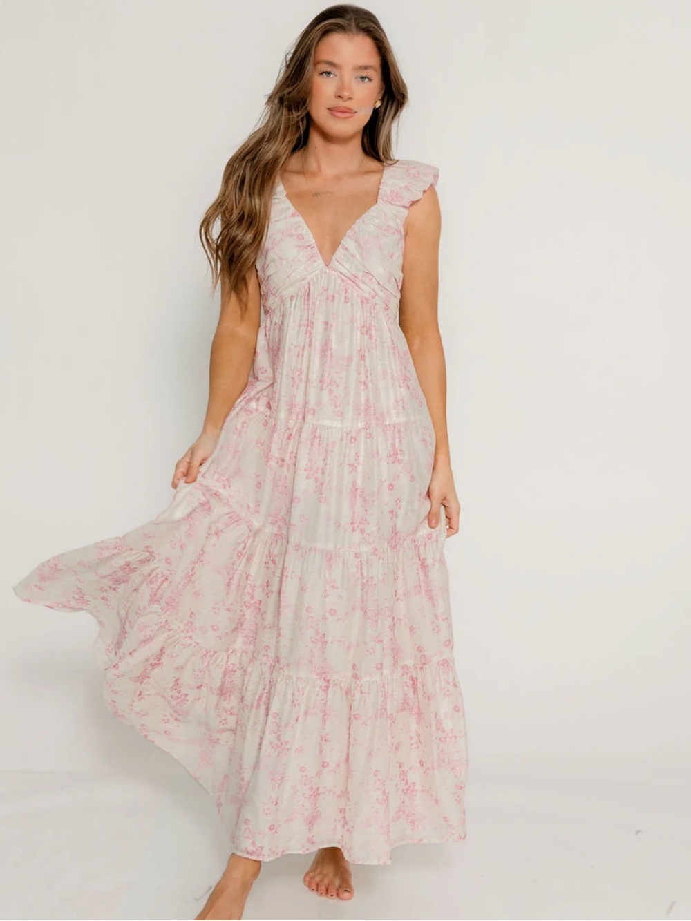 Worth Collective Light Pink Floral V-Neck Tiered Maxi Dress